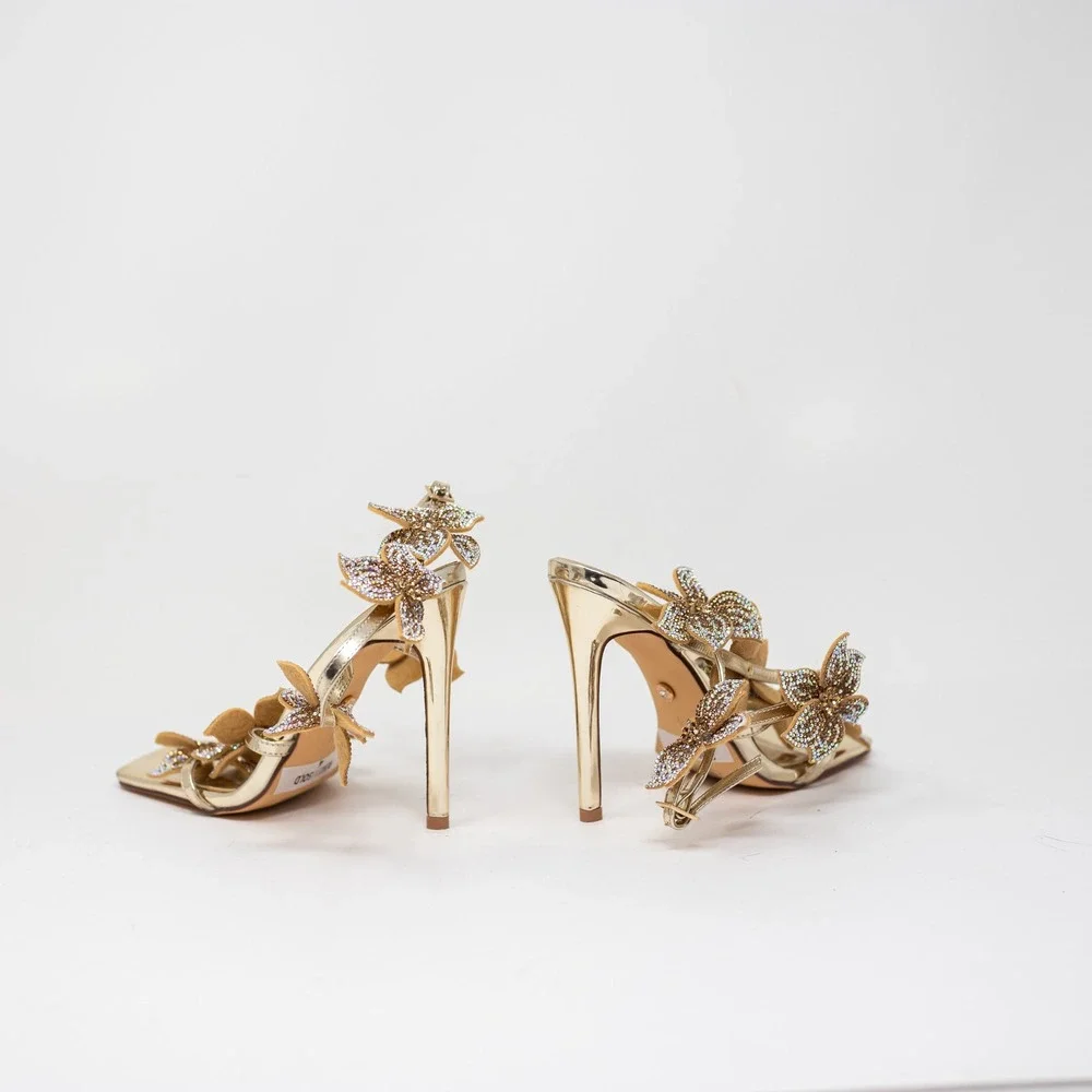 Azalea Wang Romi Stiletto Crystal Rhinestone Floral High Heel Sandal Shoe Gold 6